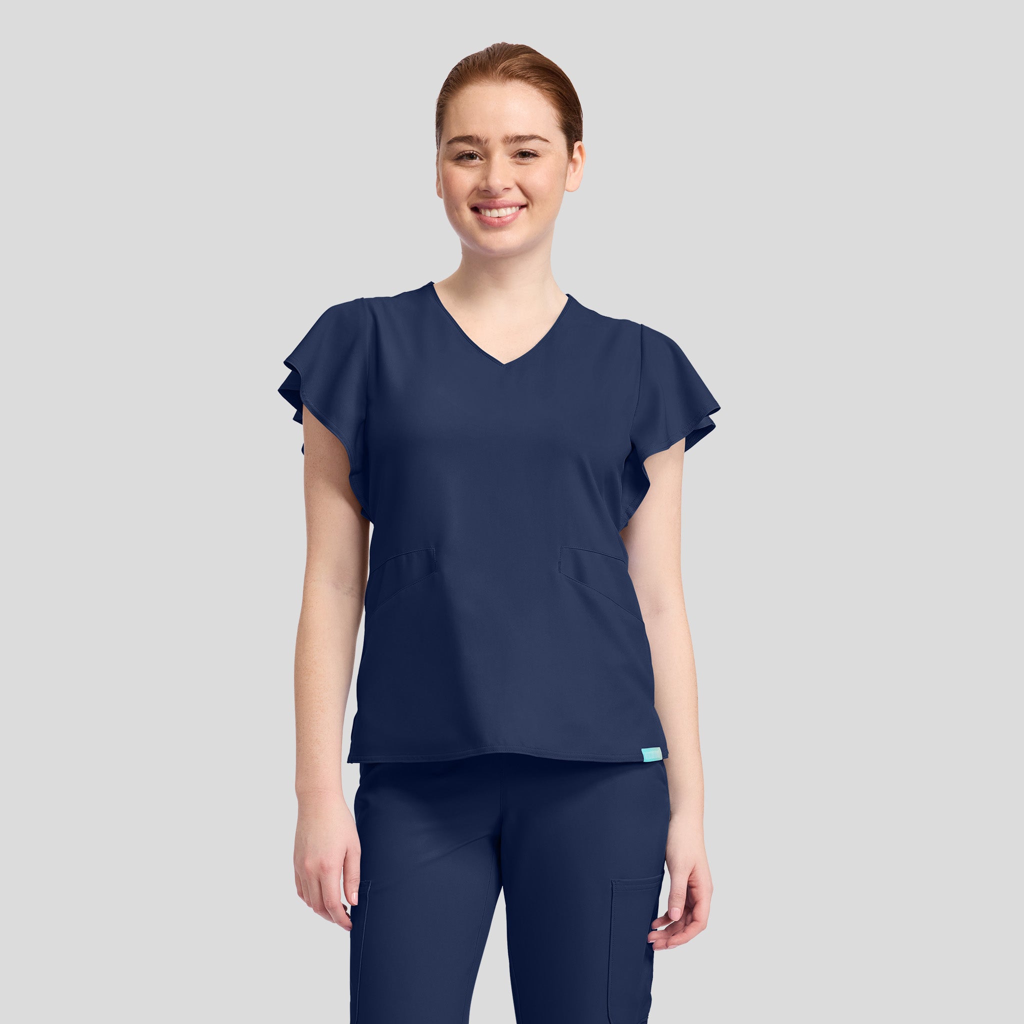 2-Pocket Flutter Sleeve V-Neck Scrub Top | Navy