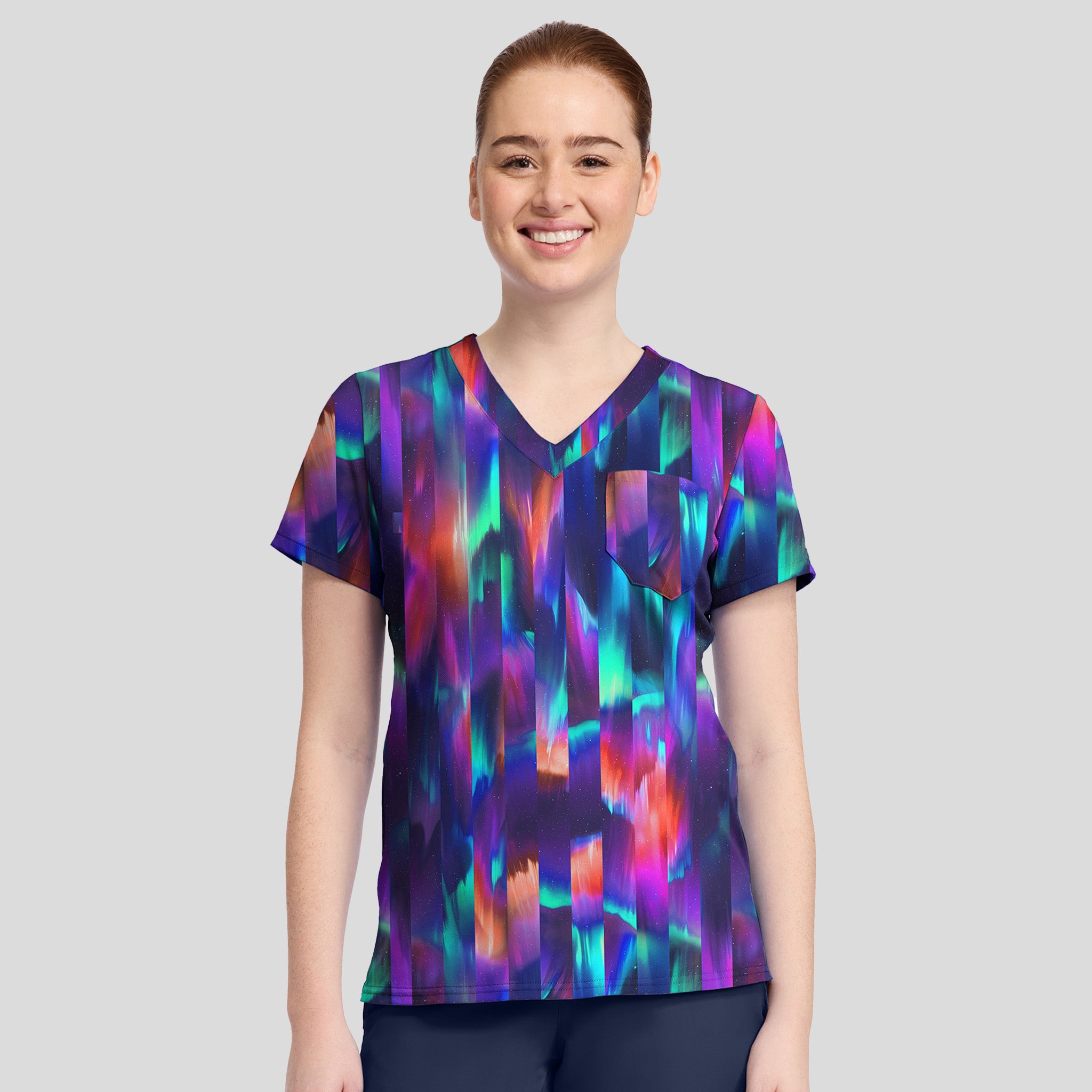1-Pocket STRETCH V-Neck Print Scrub Top | Aurora Stripe